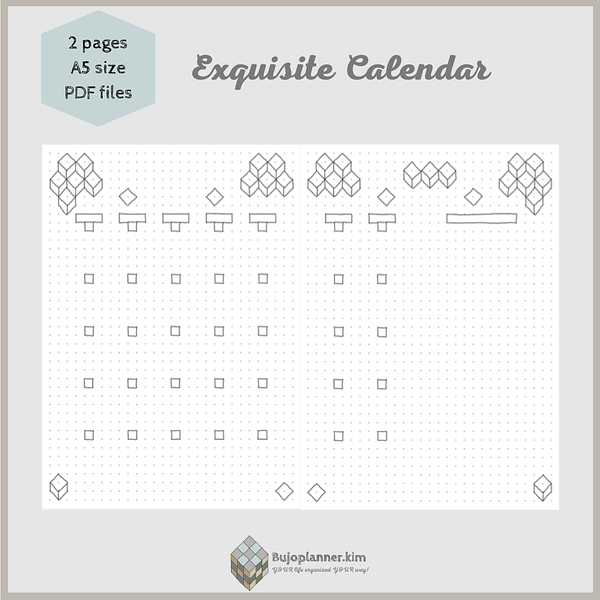 Exquisite calendar [open style, cube art] two pages A5 size PDF files printable bullet journal pages